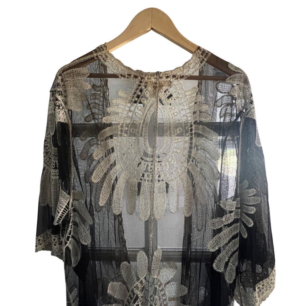 Indigo Thread Co Black Mesh Lace Kimono Cover Up One Size - Picture 5 of 15